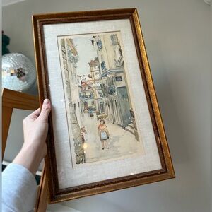 Vintage Framed European Street Scene Watercolor Art in gold frame signed